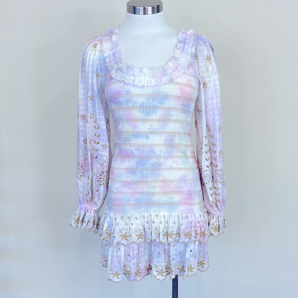 LOVESHACKFANCY Celia Embroidered Blouson-Sleeve Mini Dress NWT SZ S